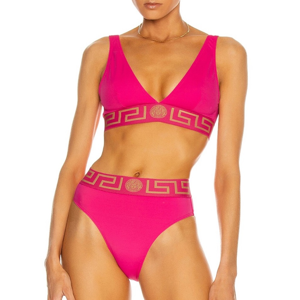 VERSACE GRECA BORDER BIKINI TOP & BOTTOM IN FUCHSIA, SIZE 3 (S)